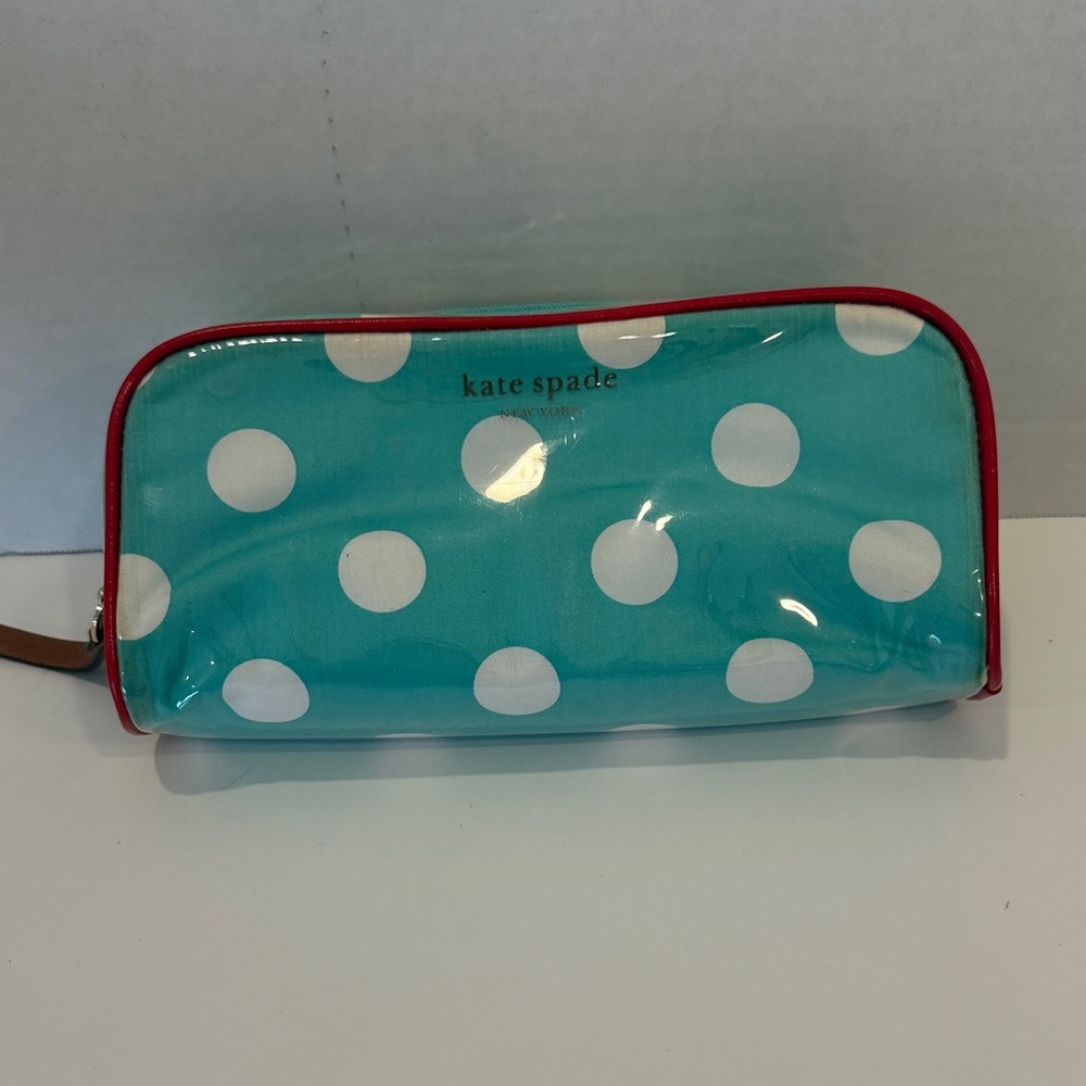 Kate Spade Blue White Polka Dot Pouch with Red Trim Cosmetic Bag
